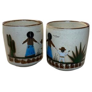 2 Vintage Mexican Southwestern Desert Tonala Pottery Mug Set of woman and child